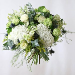 white hydrangea, white green roses, syringa and euclyptus