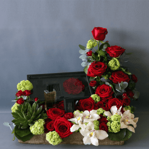 box of revealing red perfume with red roses, cymbidium orchids and succulents