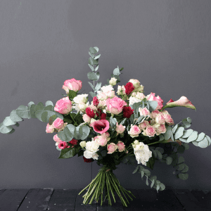 loose pink, white bouquet with calla lily, spray rose and eustoma