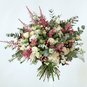 pink astilbe, white spray roses and eustoma bouquet