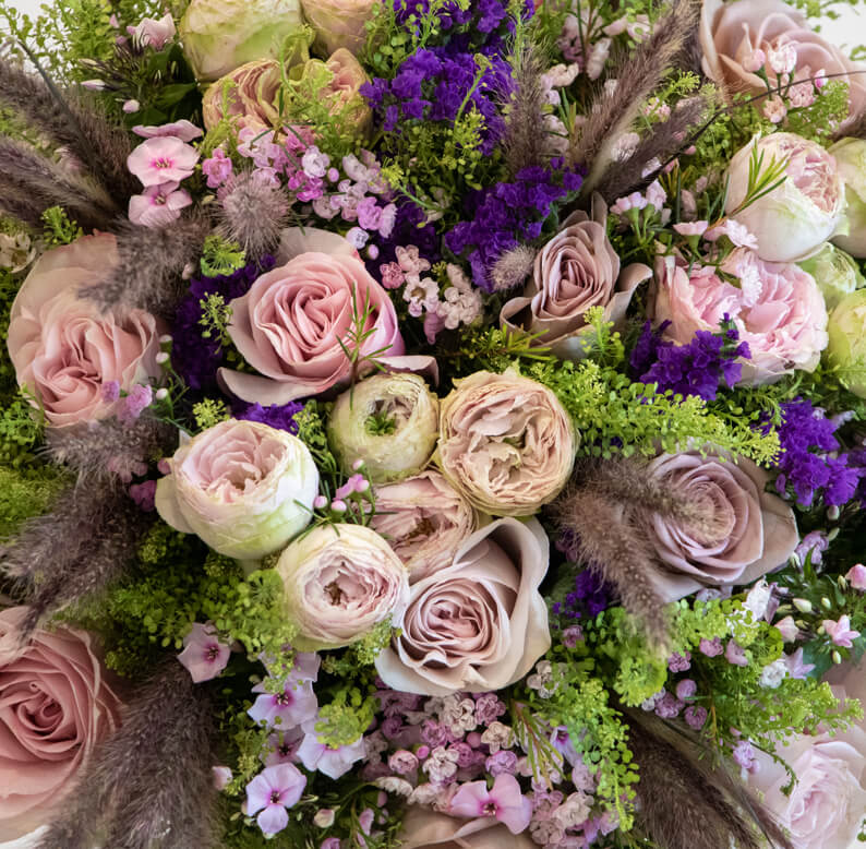 close up of pink and purple bouquet