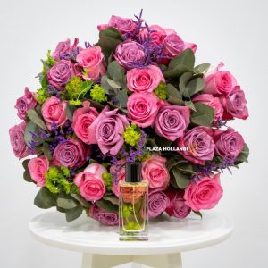 pink rose bouquet with passionate purple perfume