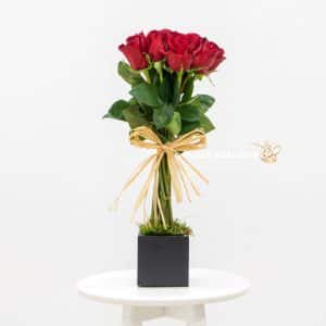 10 red roses in a black box