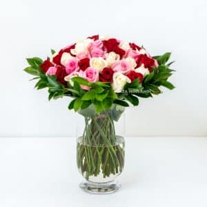 Mixed Colour Roses Bouquet With Glass Vase