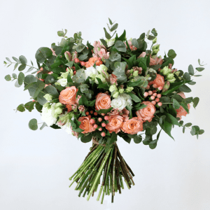 Orange roses, white eustoma, alstroemeria and eucalyptus