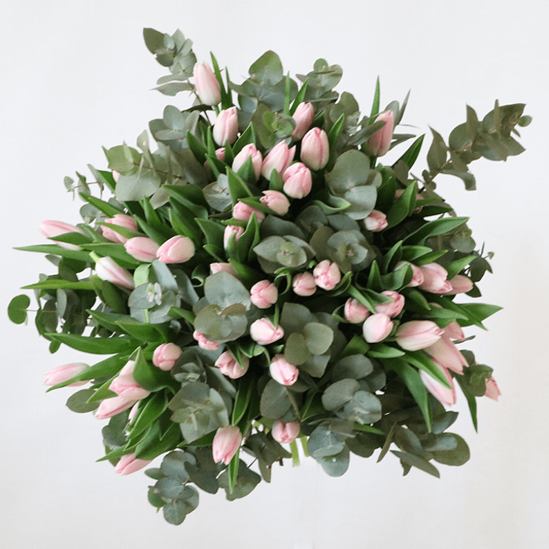 pink tulip bouquet with eucalyptus