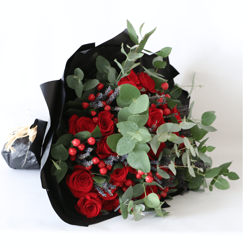 red roses, lavender, hypericum and eucalyptus bouquet