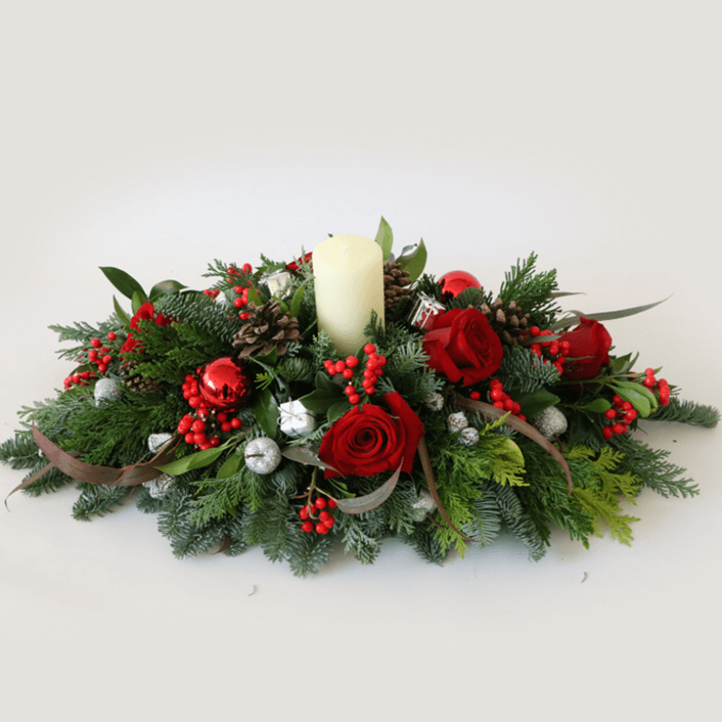 red roses and white flower festive table arrangement
