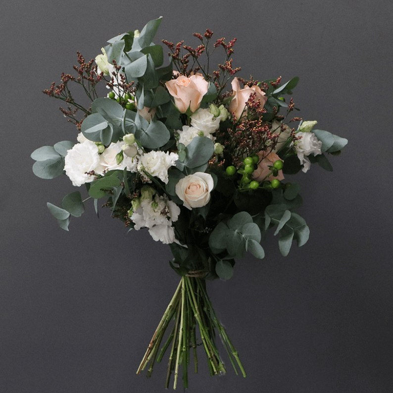 peach, white and pink eucalyptus bouquet