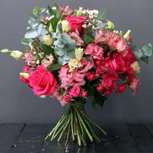 pink roses, pink spray roses, eustoma and eucalyptus