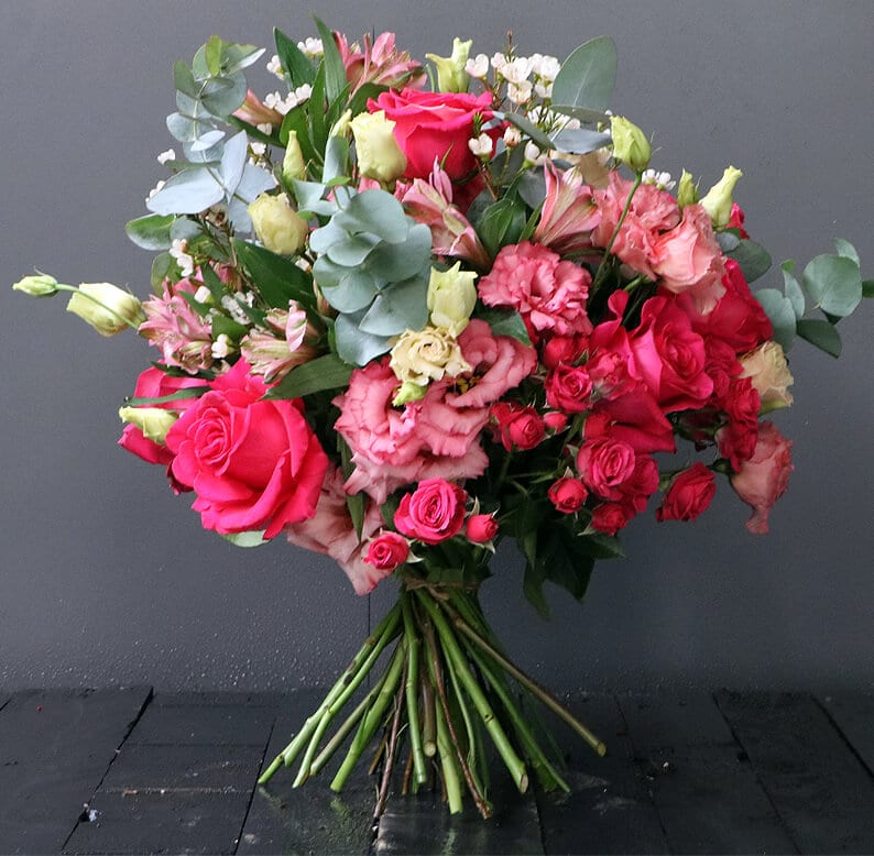 pink roses, pink spray roses, eustoma and eucalyptus