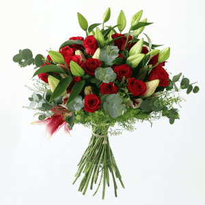red rose and white lily bouquet