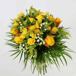 orange and yellow rose bouquet with wax flower