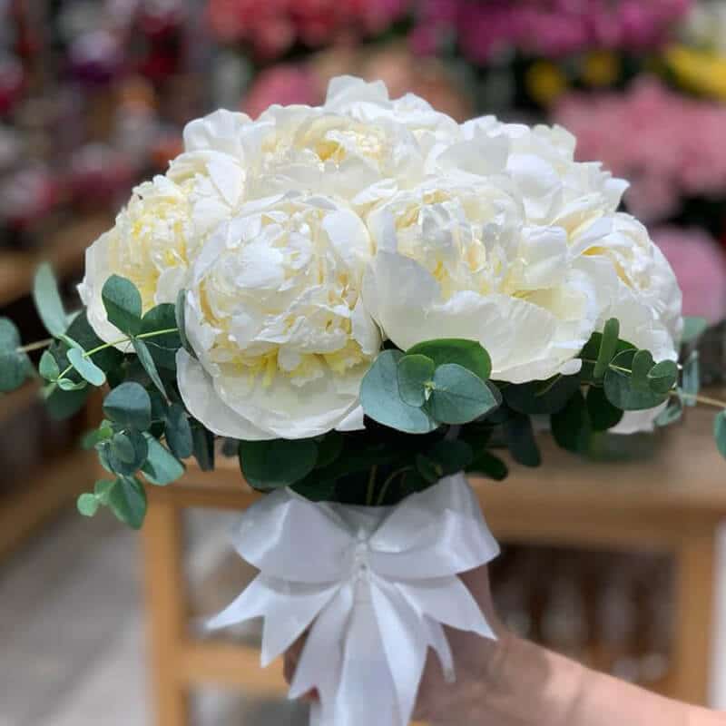 white peony bridal bouquet with eucalyptus