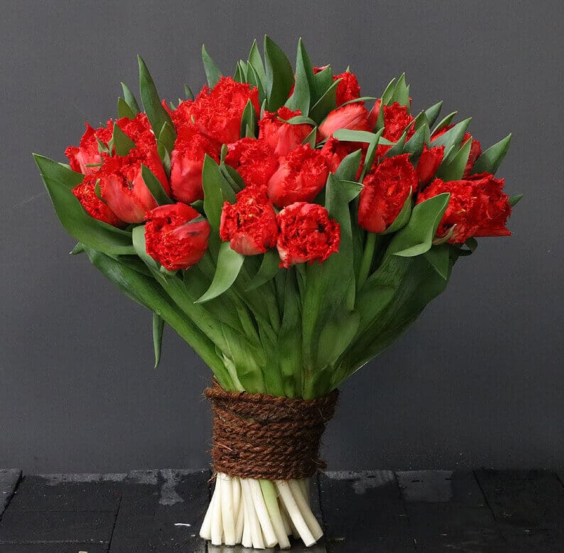 red parrot tulips in a bouquet wrapped in rope