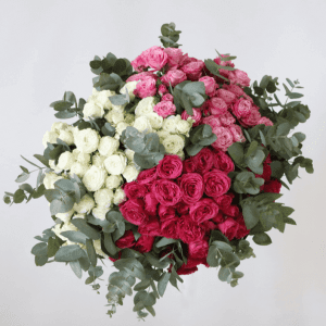 white, pink and dark pink spray rose bouquet