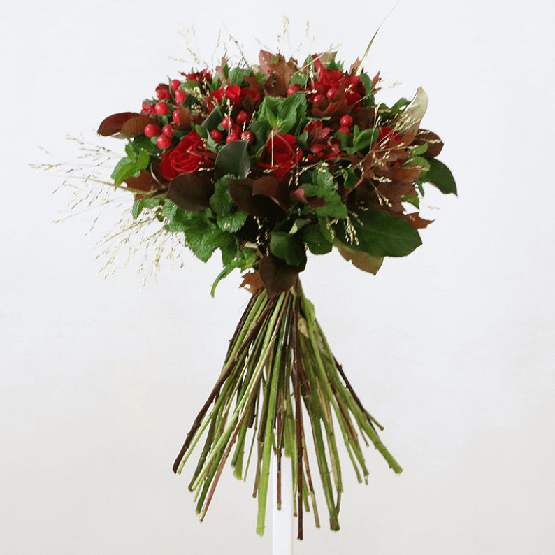 red rose, mint, berries and grass bouquet