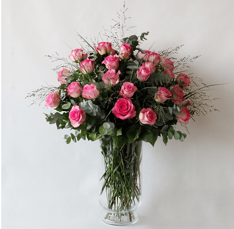 pink roses and eucalyptus with grass
