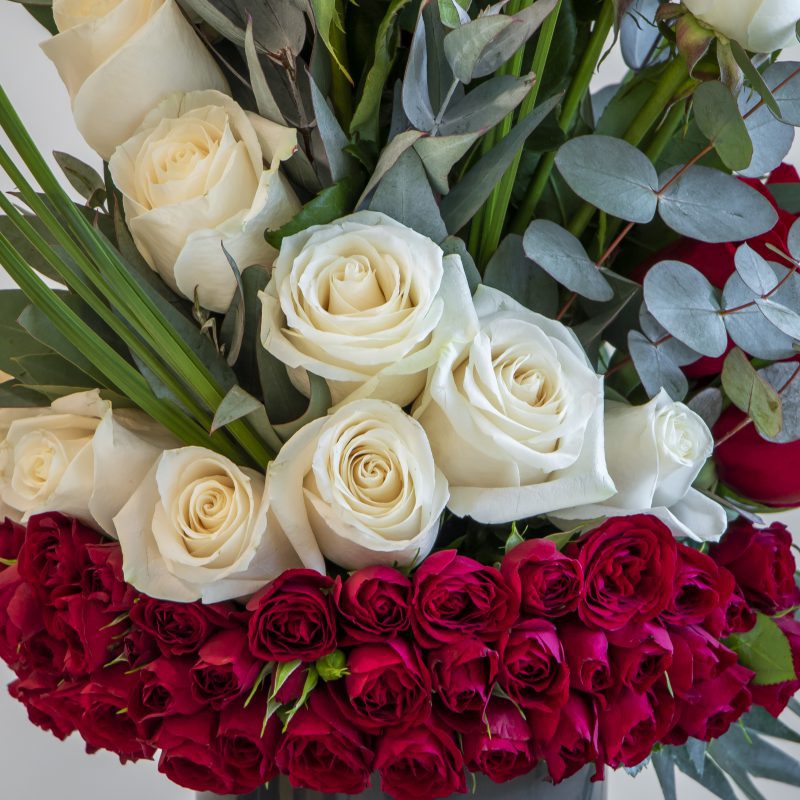 close up of white and red roses in a flower arrangement