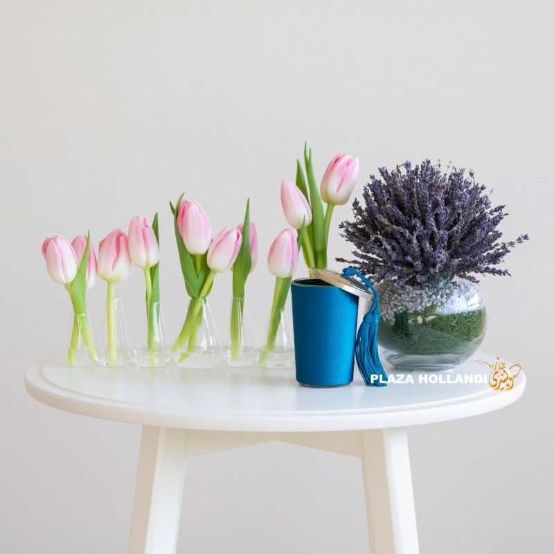 Tulips, lavender and a candle
