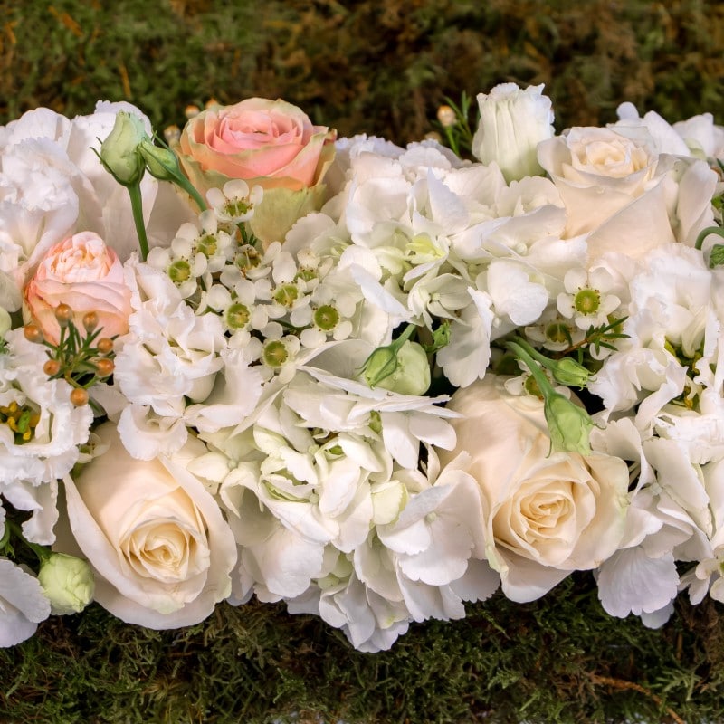 close up of hydrangea, roses and wax flower