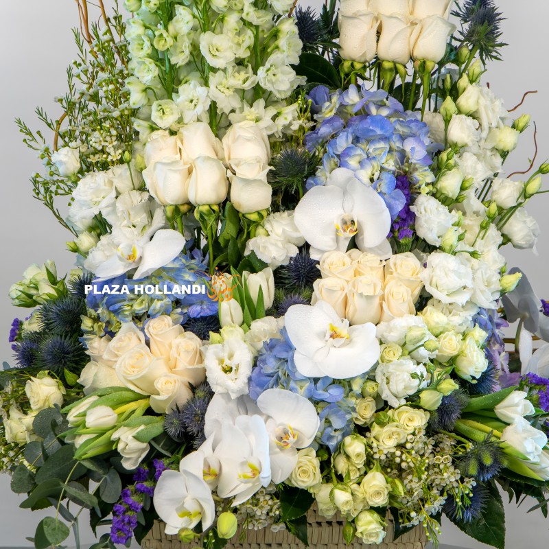 blue, white and green flower arrangement