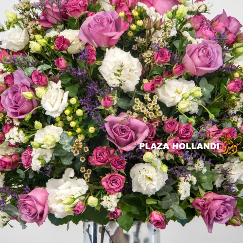 Close up of purple, white and pink flower arrangement