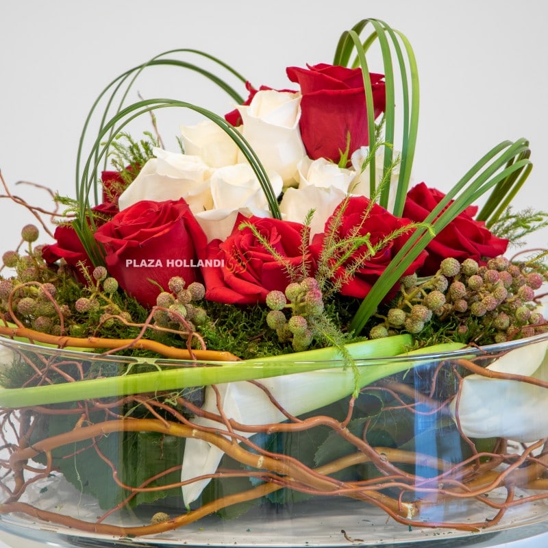 close up of red and white arrangement
