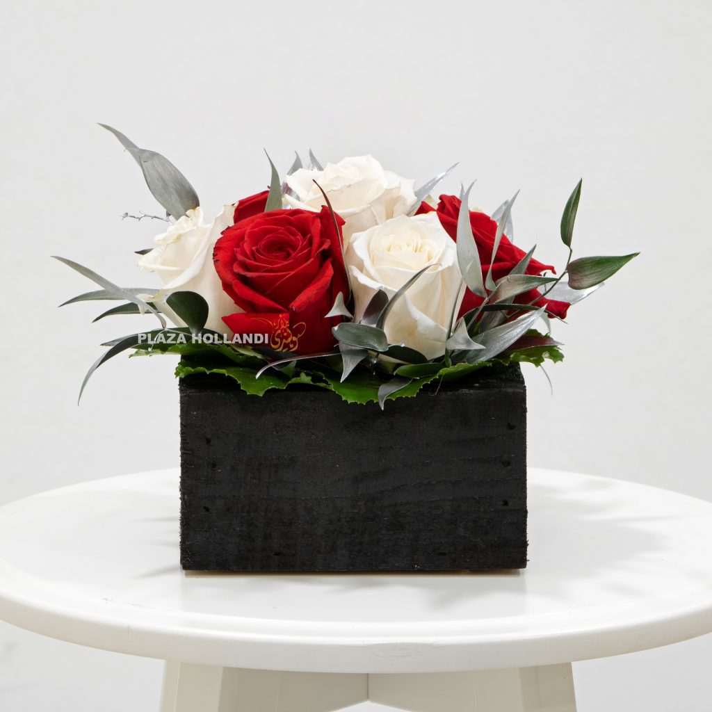 Qatar National Day Arrangement 4 maroon and white roses in a black box