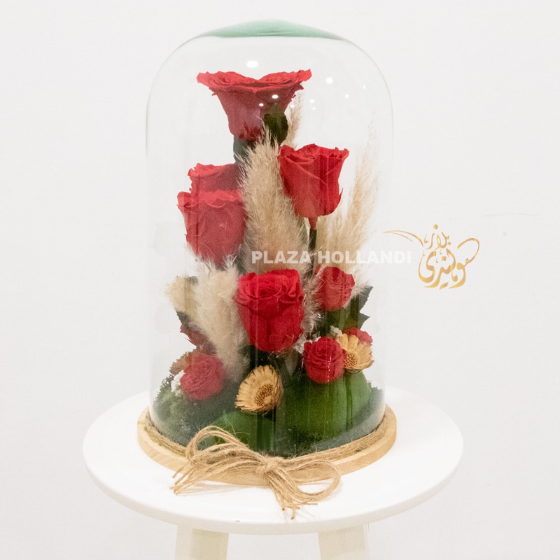 Red preserved rose with pampas grass