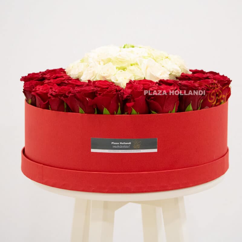 Red box with red roses and white heart