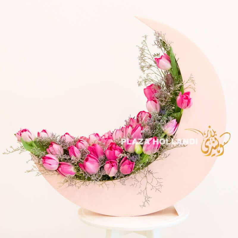 pink tulips in a crescent moon