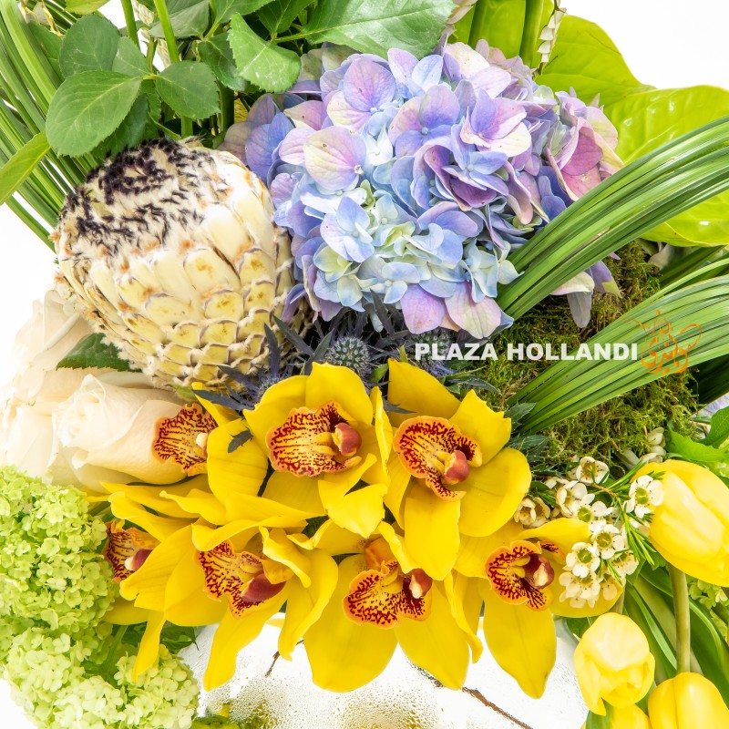 close up of cymbidium orchids, hydrangea flowers and foliage