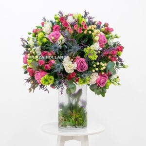 Purple, green and white flower arrangement