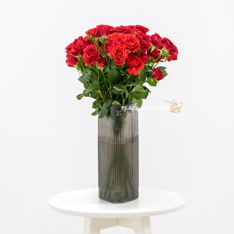 Red spray roses in a glass vase