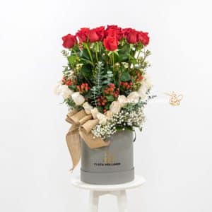 red rose hat box heart arrangement