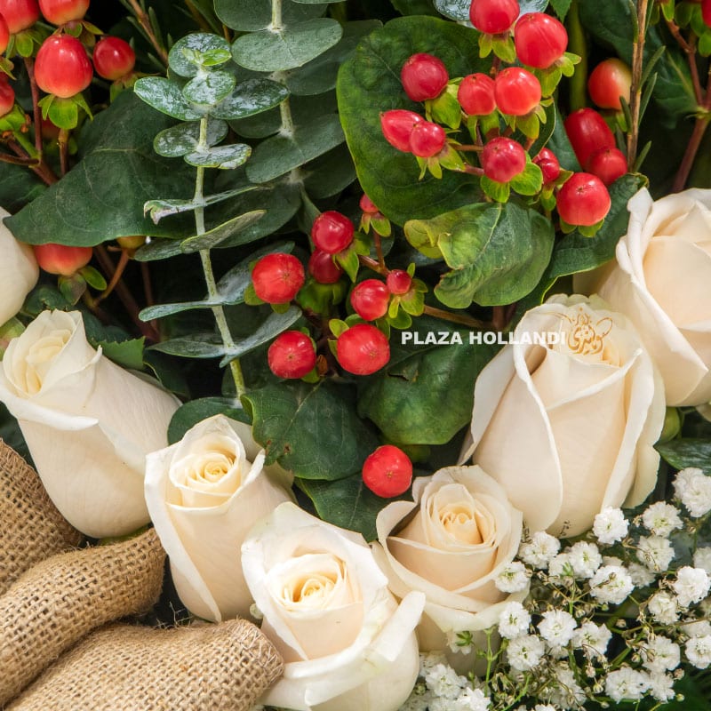 close up of white roses and hypericum