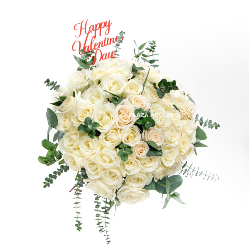 White roses bouquet with Valentine's Day sign