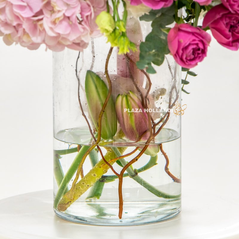 pink flower arrangement in a glass vase