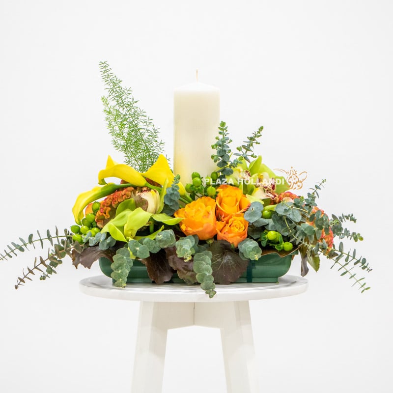 Bolsius pillar candles with orange and green flowers