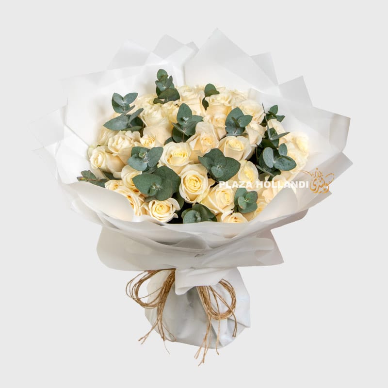 white roses and eucalyptus bouquet