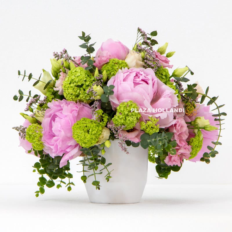 Pink peony arrangement in a white pot