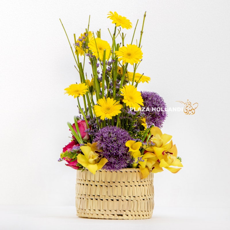 Yellow and purple flower arrangement