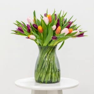 50 Mixed Tulips In A Glass Vase