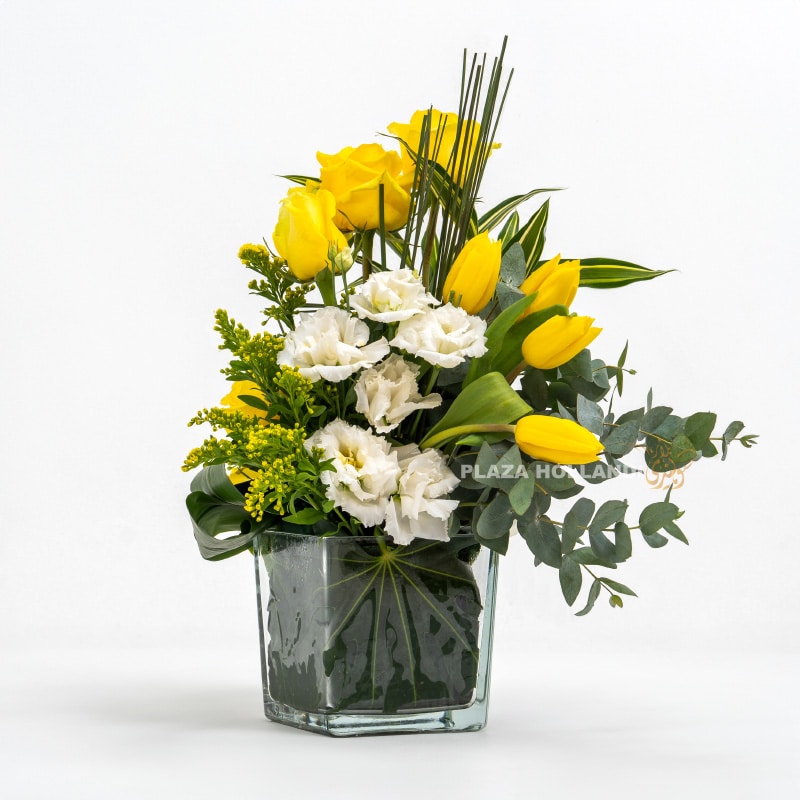 Yellow Roses and Tulips Arrangment