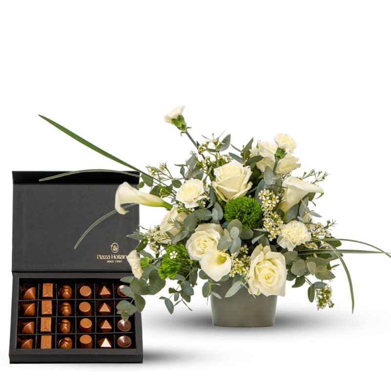 White Flower Arrangement with Chocolates