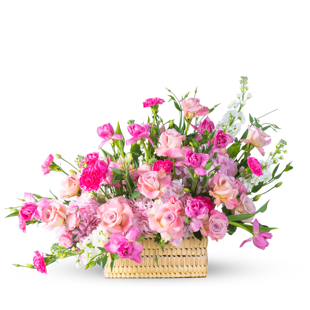 Rose Tulips Basket Filled with Matthiola Carnesia
