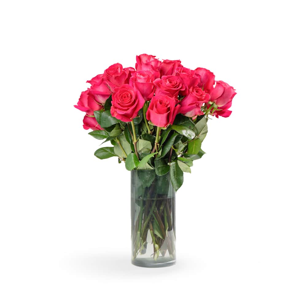 25 Pink Roses In a Cylindrical Glass Vase