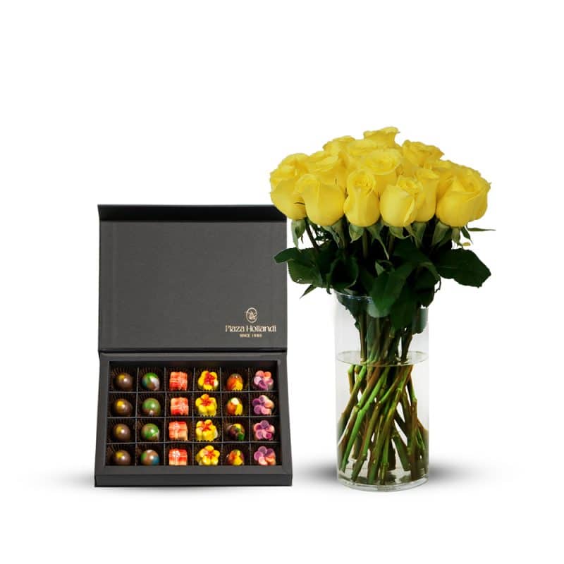 25 Yellow X-Citing Garden Rose with Glass Vase and Chocolate