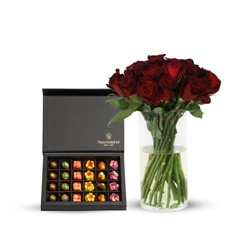 25 Black Baccara Roses with Glass Vase and Chocolate